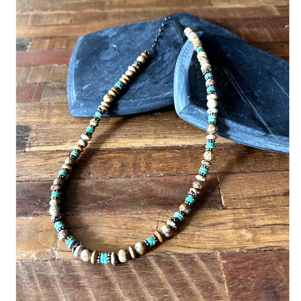 Sterling Silver Jasper Beaded Necklace Green Brown Stone 925